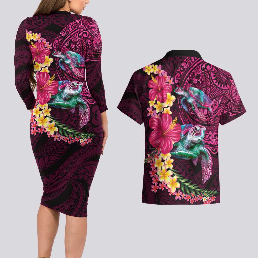 Hawaiian Plumeria and Hibiscus with Turtles Couples Matching Long Sleeve Bodycon Dress and Hawaiian Shirt Polynesian Art Red Color - Polynesian Pride