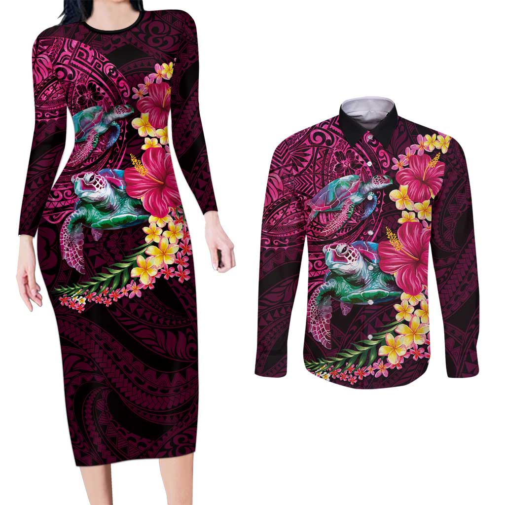 Hawaiian Plumeria and Hibiscus with Turtles Couples Matching Long Sleeve Bodycon Dress and Long Sleeve Button Shirt Polynesian Art Red Color - Polynesian Pride