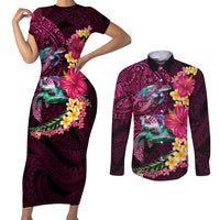 Hawaiian Plumeria and Hibiscus with Turtles Couples Matching Short Sleeve Bodycon Dress and Long Sleeve Button Shirt Polynesian Art Red Color - Polynesian Pride