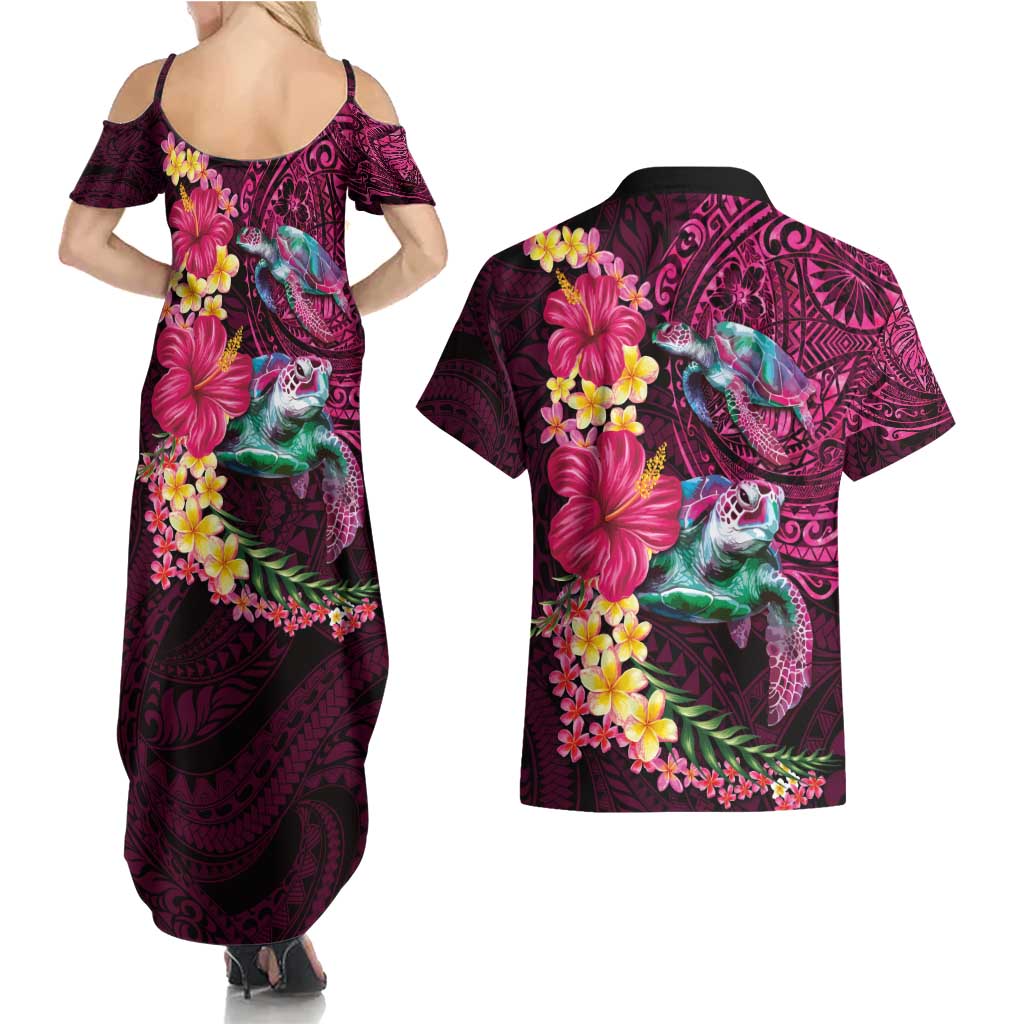 Hawaiian Plumeria and Hibiscus with Turtles Couples Matching Summer Maxi Dress and Hawaiian Shirt Polynesian Art Red Color - Polynesian Pride