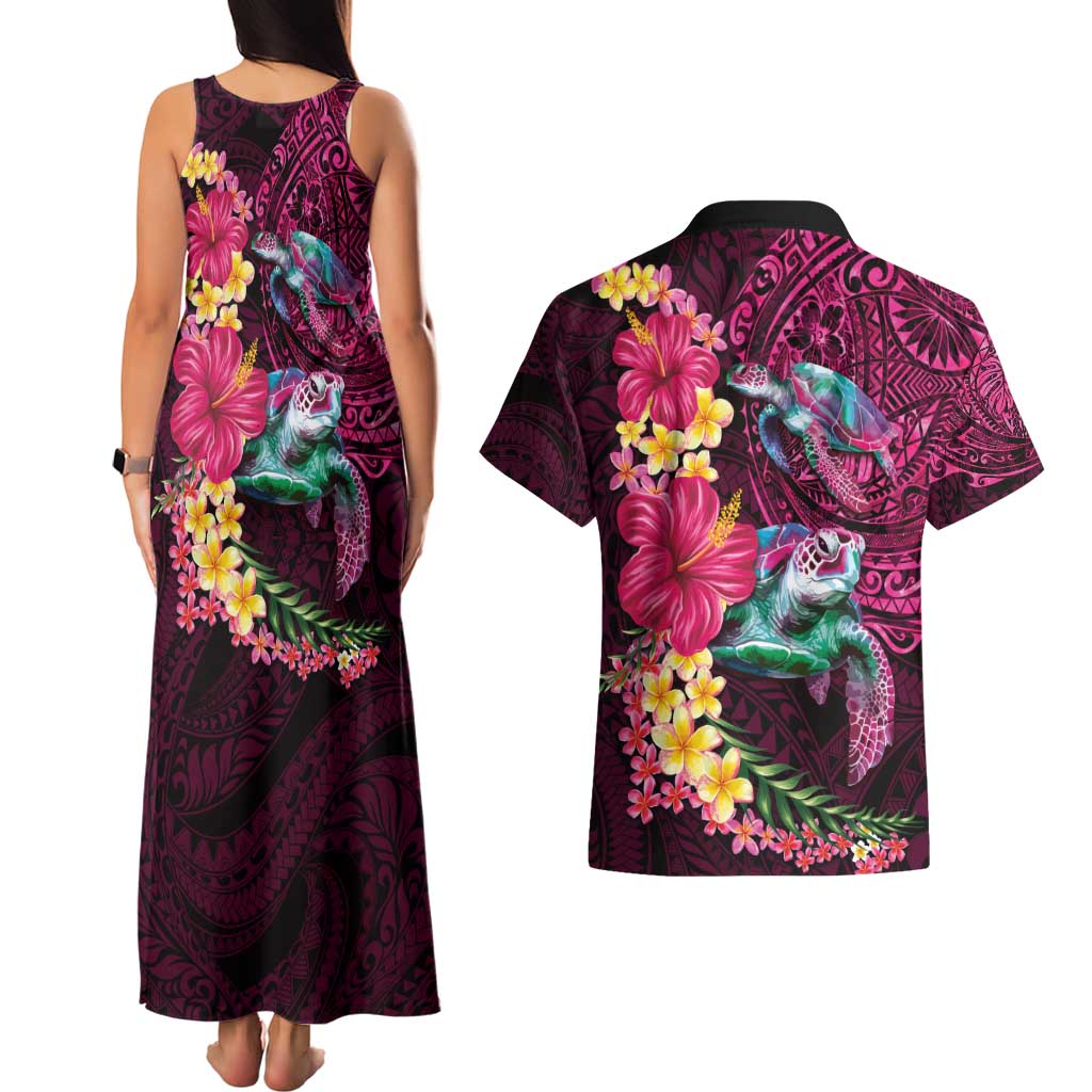 Hawaiian Plumeria and Hibiscus with Turtles Couples Matching Tank Maxi Dress and Hawaiian Shirt Polynesian Art Red Color - Polynesian Pride