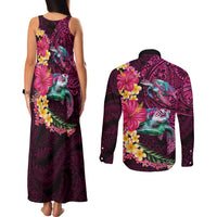 Hawaiian Plumeria and Hibiscus with Turtles Couples Matching Tank Maxi Dress and Long Sleeve Button Shirt Polynesian Art Red Color - Polynesian Pride