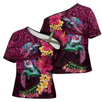 Hawaiian Plumeria and Hibiscus with Turtles Cross Shoulder Shirt Polynesian Art Red Color - Polynesian Pride