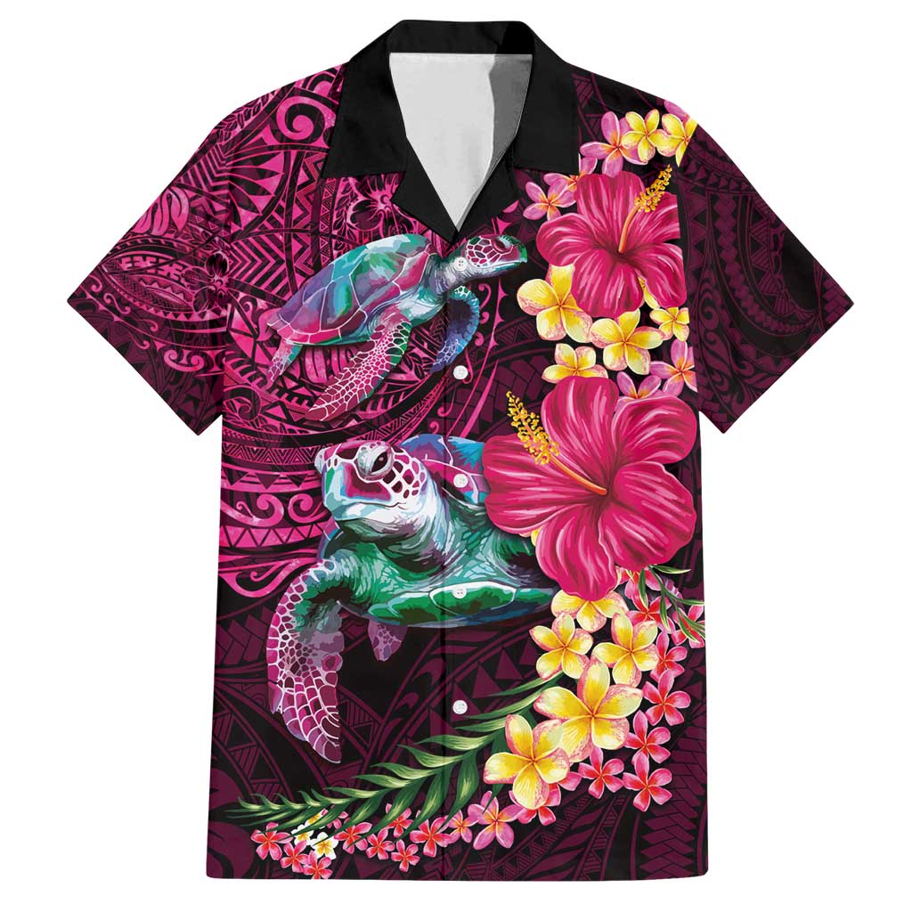Hawaiian Plumeria and Hibiscus with Turtles Family Matching Long Sleeve Bodycon Dress and Hawaiian Shirt Polynesian Art Red Color - Polynesian Pride