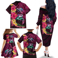 Hawaiian Plumeria and Hibiscus with Turtles Family Matching Off The Shoulder Long Sleeve Dress and Hawaiian Shirt Polynesian Art Red Color - Polynesian Pride