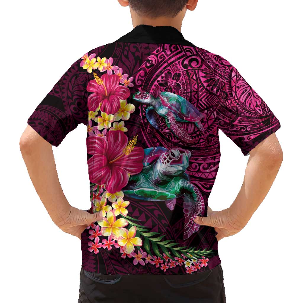 Hawaiian Plumeria and Hibiscus with Turtles Family Matching Off Shoulder Short Dress and Hawaiian Shirt Polynesian Art Red Color - Polynesian Pride