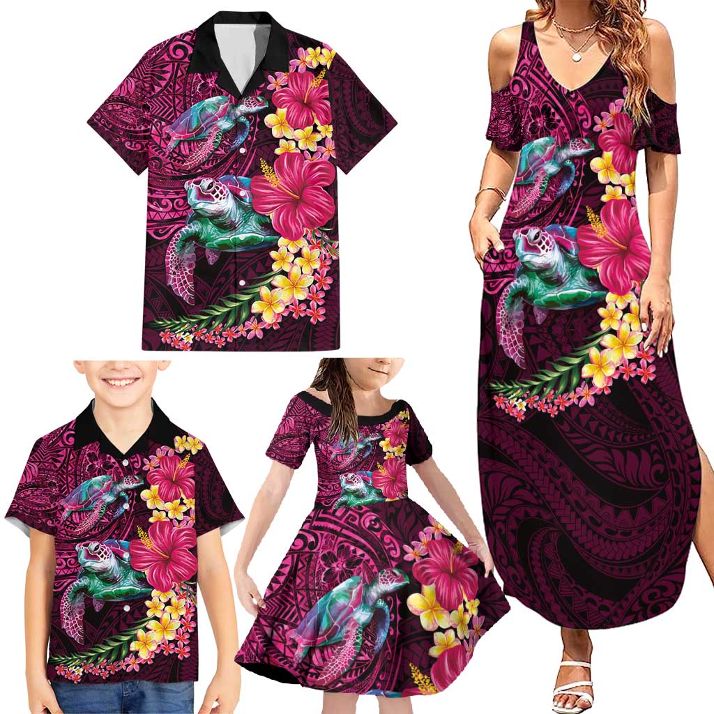 Hawaiian Plumeria and Hibiscus with Turtles Family Matching Summer Maxi Dress and Hawaiian Shirt Polynesian Art Red Color - Polynesian Pride