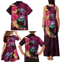 Hawaiian Plumeria and Hibiscus with Turtles Family Matching Tank Maxi Dress and Hawaiian Shirt Polynesian Art Red Color - Polynesian Pride