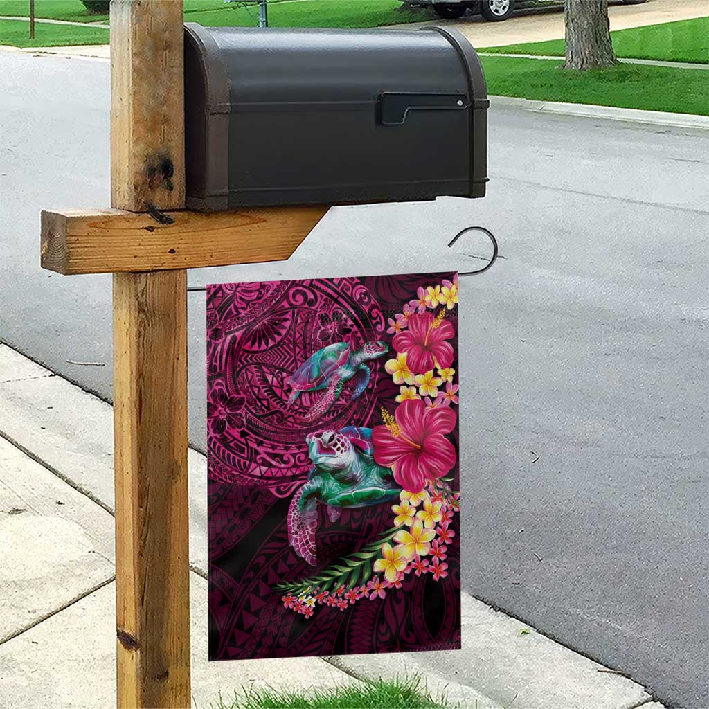 Hawaiian Plumeria and Hibiscus with Turtles Garden Flag Polynesian Art Red Color - Polynesian Pride