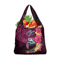 Hawaiian Plumeria and Hibiscus with Turtles Grocery Bag Polynesian Art Red Color - Polynesian Pride