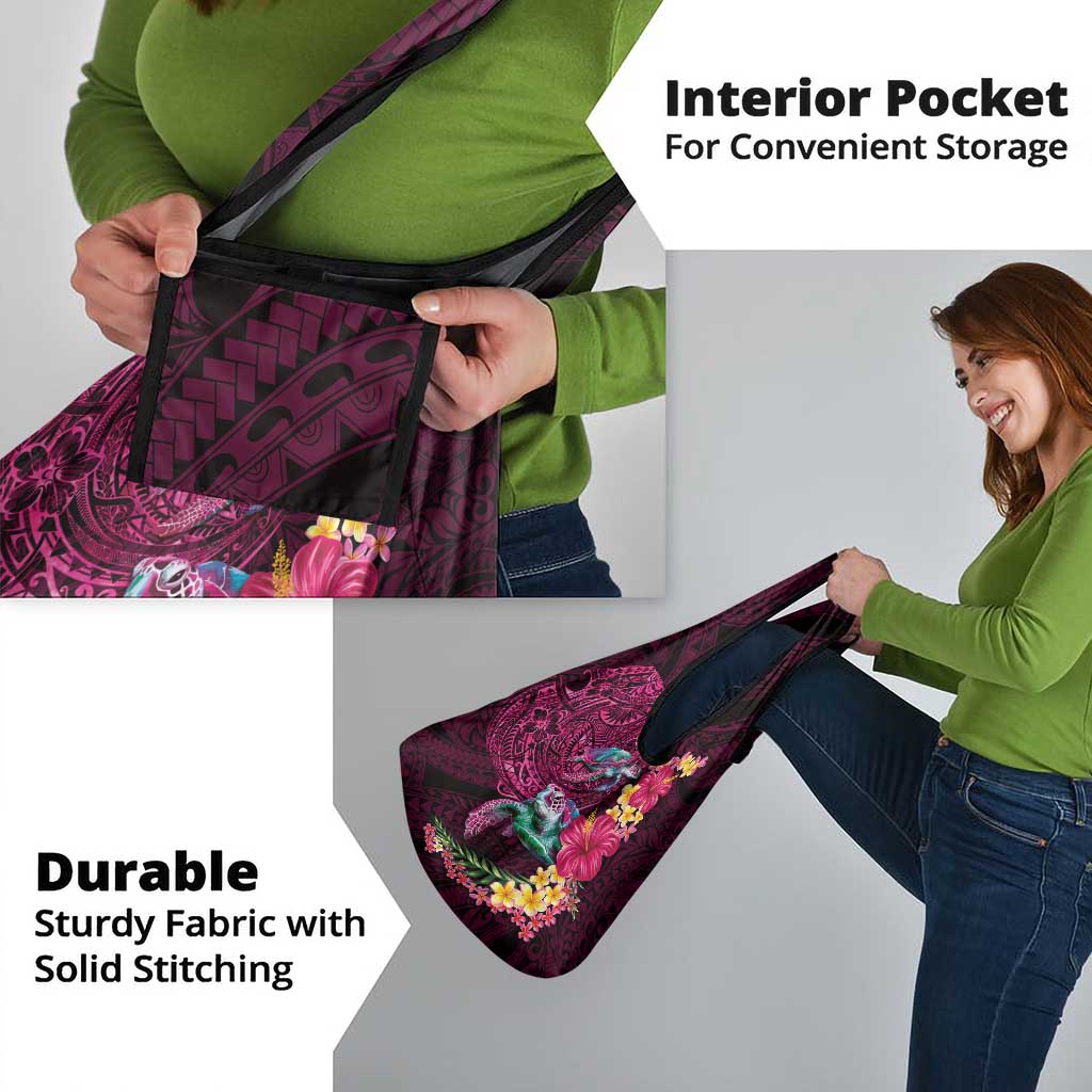 Hawaiian Plumeria and Hibiscus with Turtles Grocery Bag Polynesian Art Red Color - Polynesian Pride