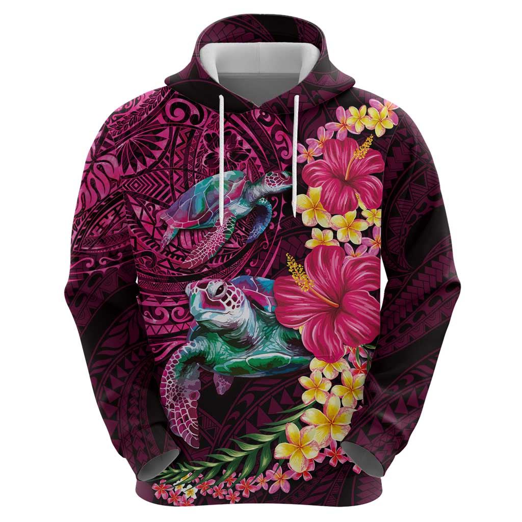 Hawaiian Plumeria and Hibiscus with Turtles Hoodie Polynesian Art Red Color - Polynesian Pride