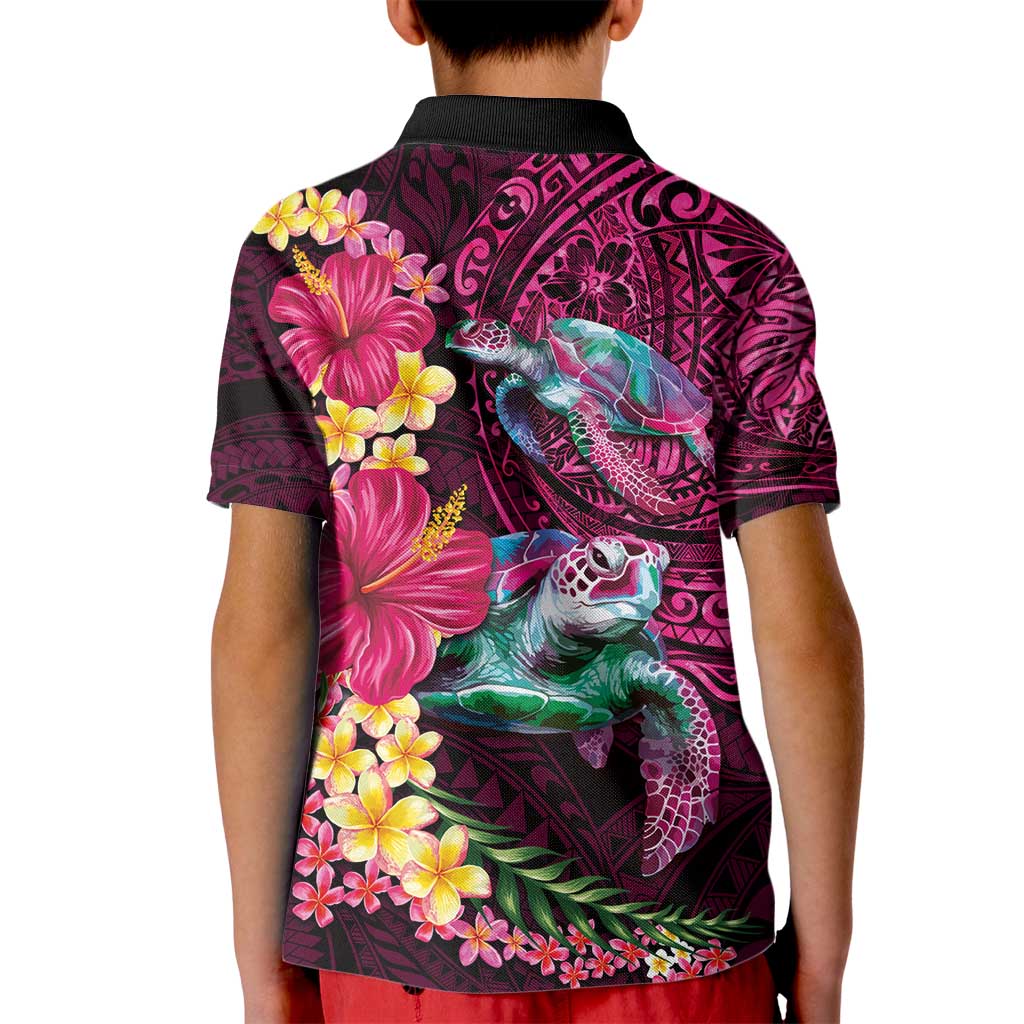 Hawaiian Plumeria and Hibiscus with Turtles Kid Polo Shirt Polynesian Art Red Color - Polynesian Pride
