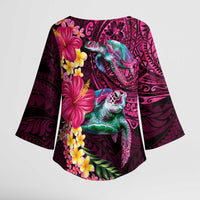 Hawaiian Plumeria and Hibiscus with Turtles Kimono Sleeve Blouse Polynesian Art Red Color - Polynesian Pride