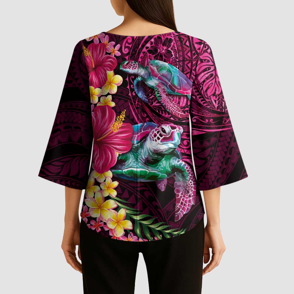 Hawaiian Plumeria and Hibiscus with Turtles Kimono Sleeve Blouse Polynesian Art Red Color - Polynesian Pride