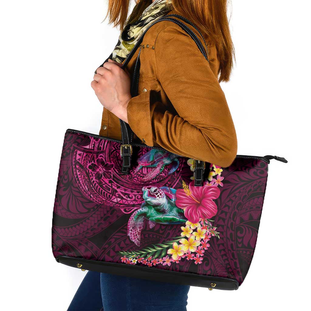 Hawaiian Plumeria and Hibiscus with Turtles Leather Tote Bag Polynesian Art Red Color - Polynesian Pride