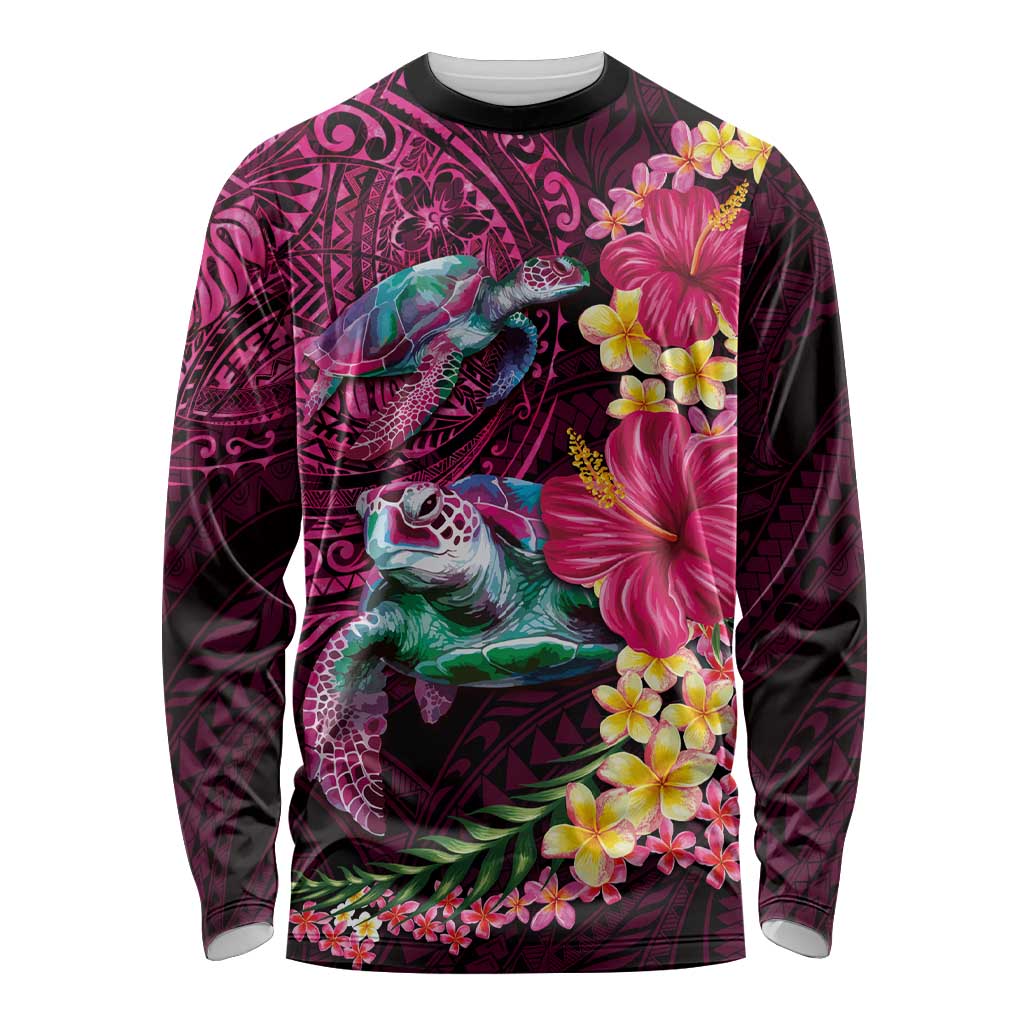 Hawaiian Plumeria and Hibiscus with Turtles Long Sleeve Shirt Polynesian Art Red Color - Polynesian Pride