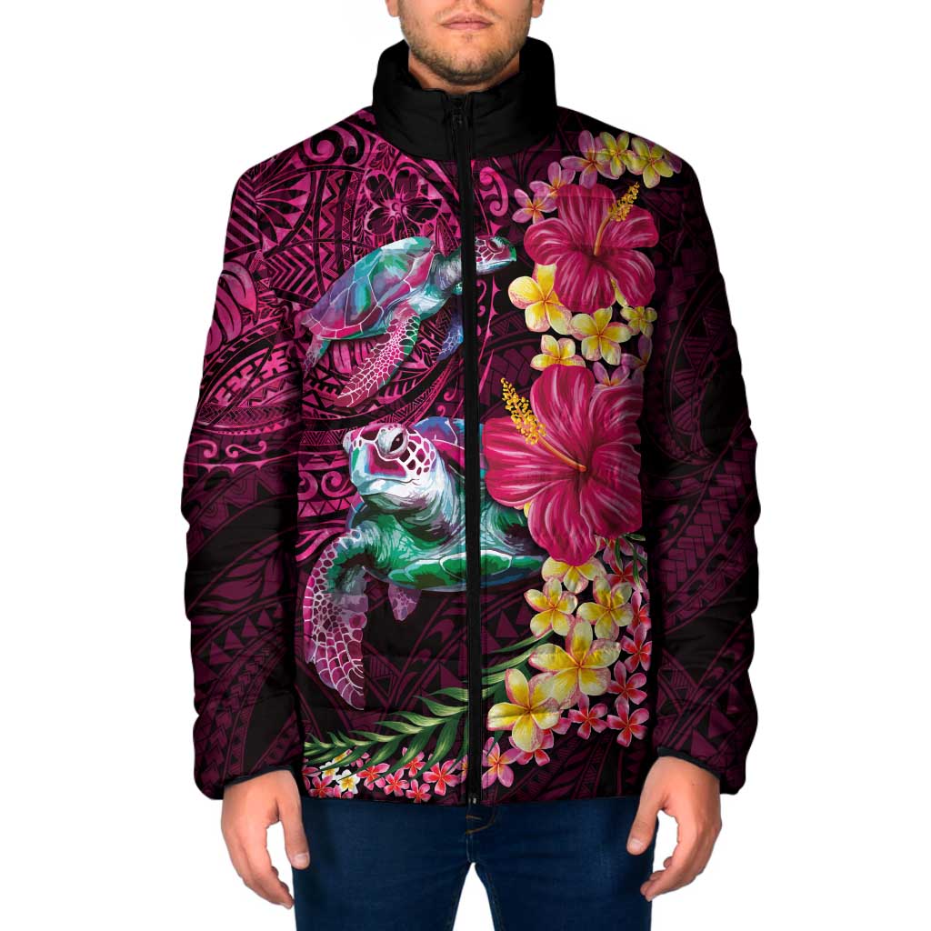 Hawaiian Plumeria and Hibiscus with Turtles Padded Jacket Polynesian Art Red Color - Polynesian Pride