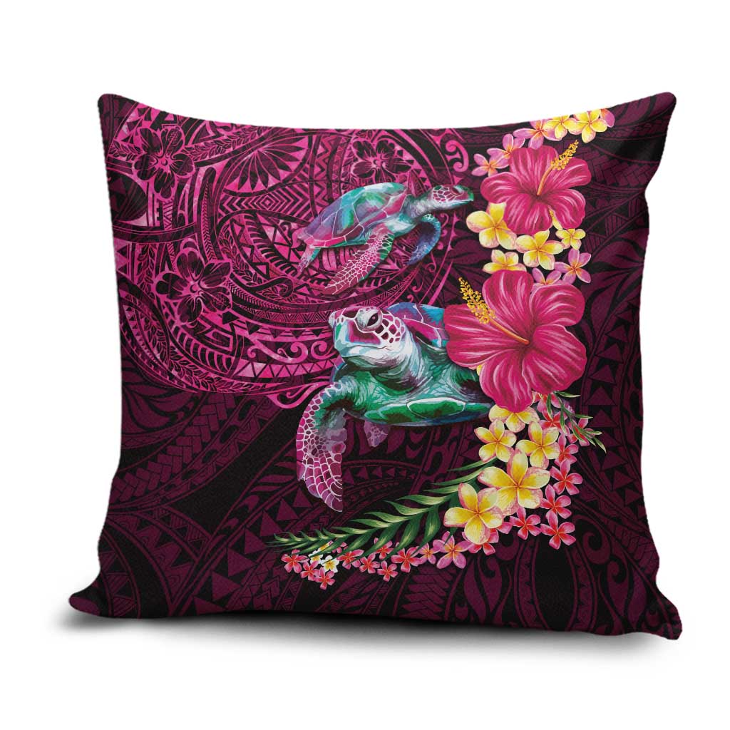 Hawaiian Plumeria and Hibiscus with Turtles Pillow Cover Polynesian Art Red Color - Polynesian Pride