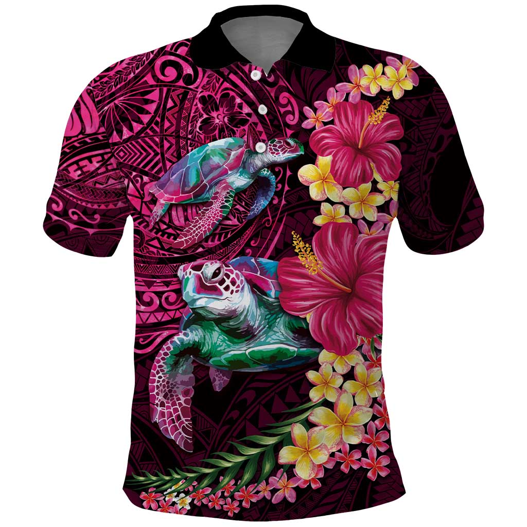 Hawaiian Plumeria and Hibiscus with Turtles Polo Shirt Polynesian Art Red Color - Polynesian Pride