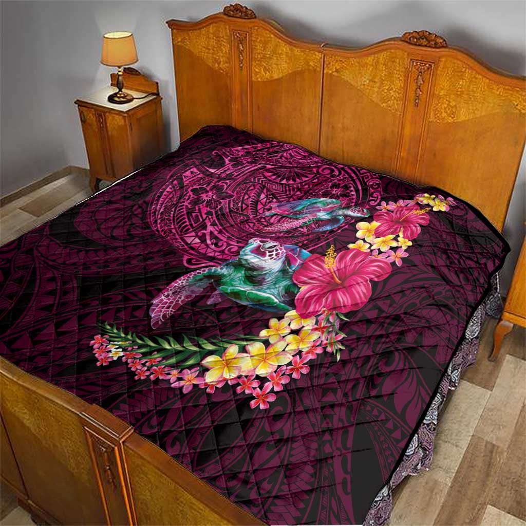 Hawaiian Plumeria and Hibiscus with Turtles Quilt Polynesian Art Red Color - Polynesian Pride