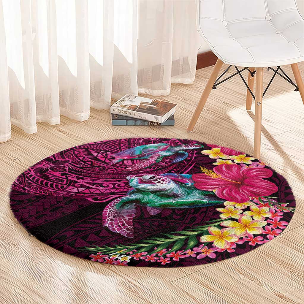 Hawaiian Plumeria and Hibiscus with Turtles Round Carpet Polynesian Art Red Color - Polynesian Pride
