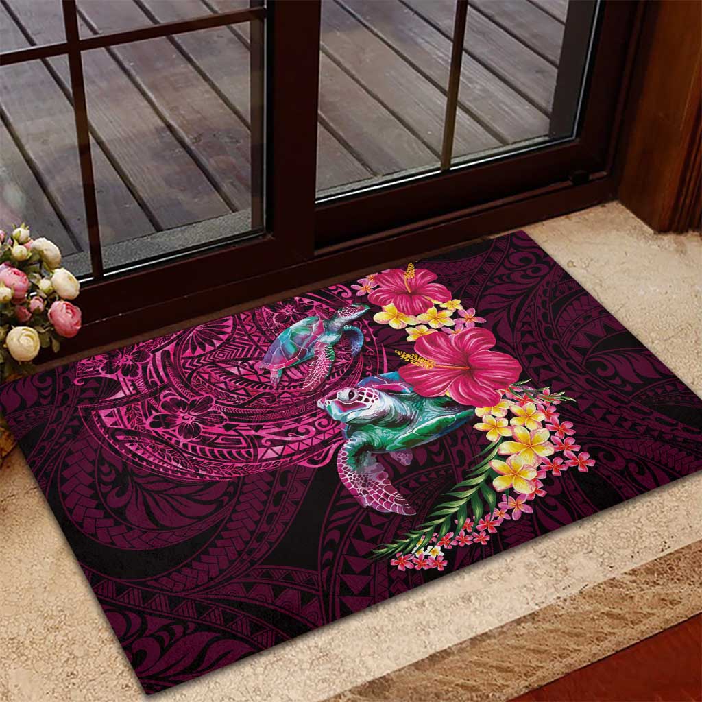 Hawaiian Plumeria and Hibiscus with Turtles Rubber Doormat Polynesian Art Red Color - Polynesian Pride