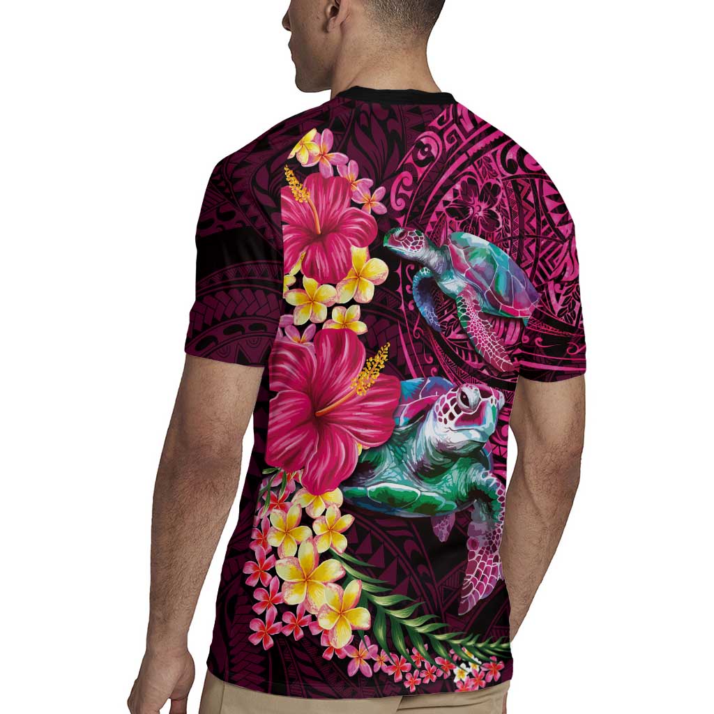 Hawaiian Plumeria and Hibiscus with Turtles Rugby Jersey Polynesian Art Red Color - Polynesian Pride