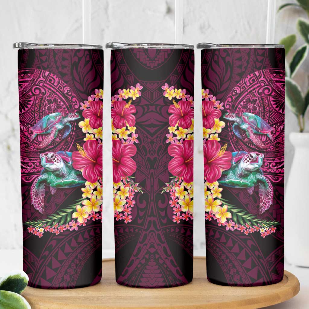 Hawaiian Plumeria and Hibiscus with Turtles Skinny Tumbler Polynesian Art Red Color - Polynesian Pride
