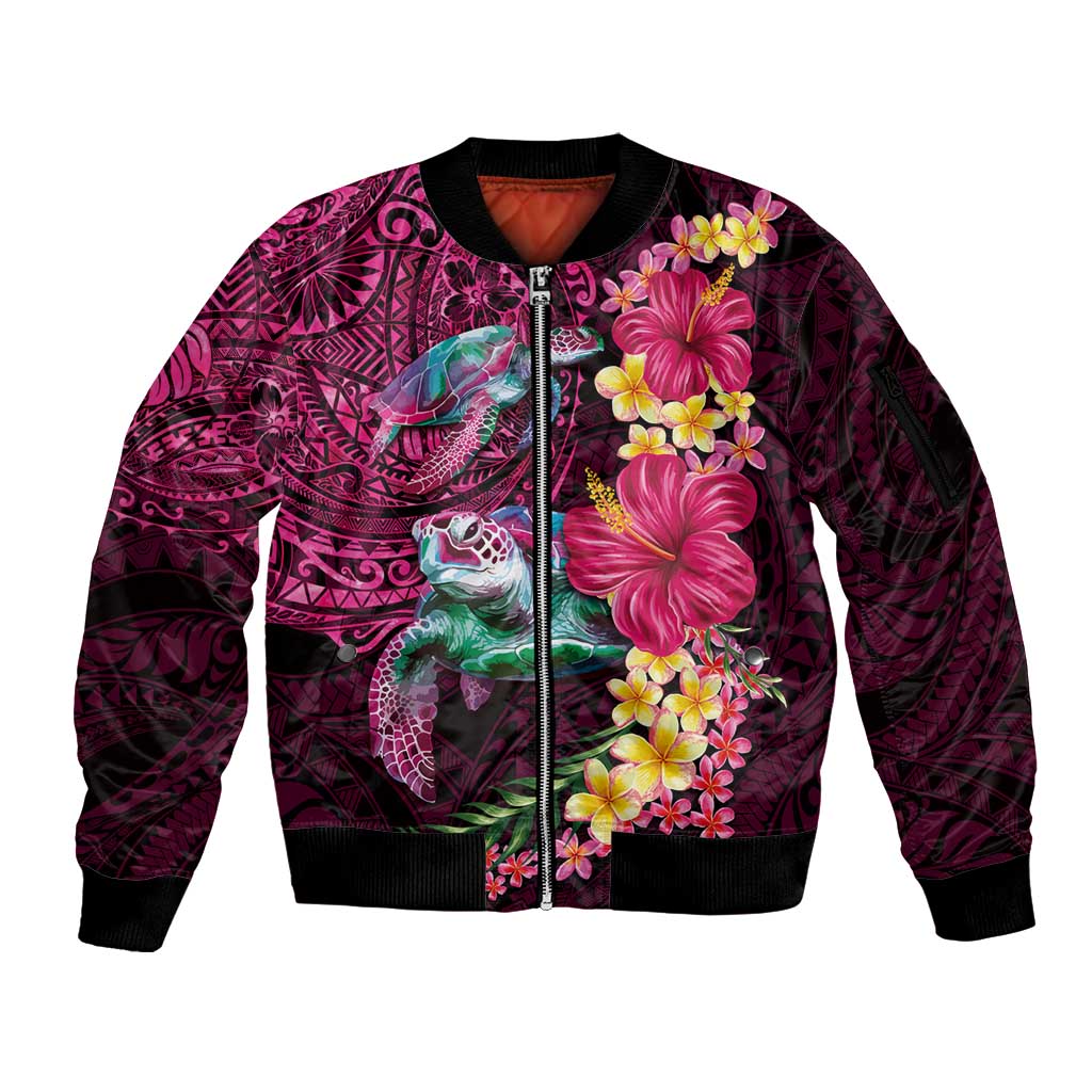 Hawaiian Plumeria and Hibiscus with Turtles Sleeve Zip Bomber Jacket Polynesian Art Red Color - Polynesian Pride