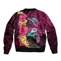 Hawaiian Plumeria and Hibiscus with Turtles Sleeve Zip Bomber Jacket Polynesian Art Red Color - Polynesian Pride