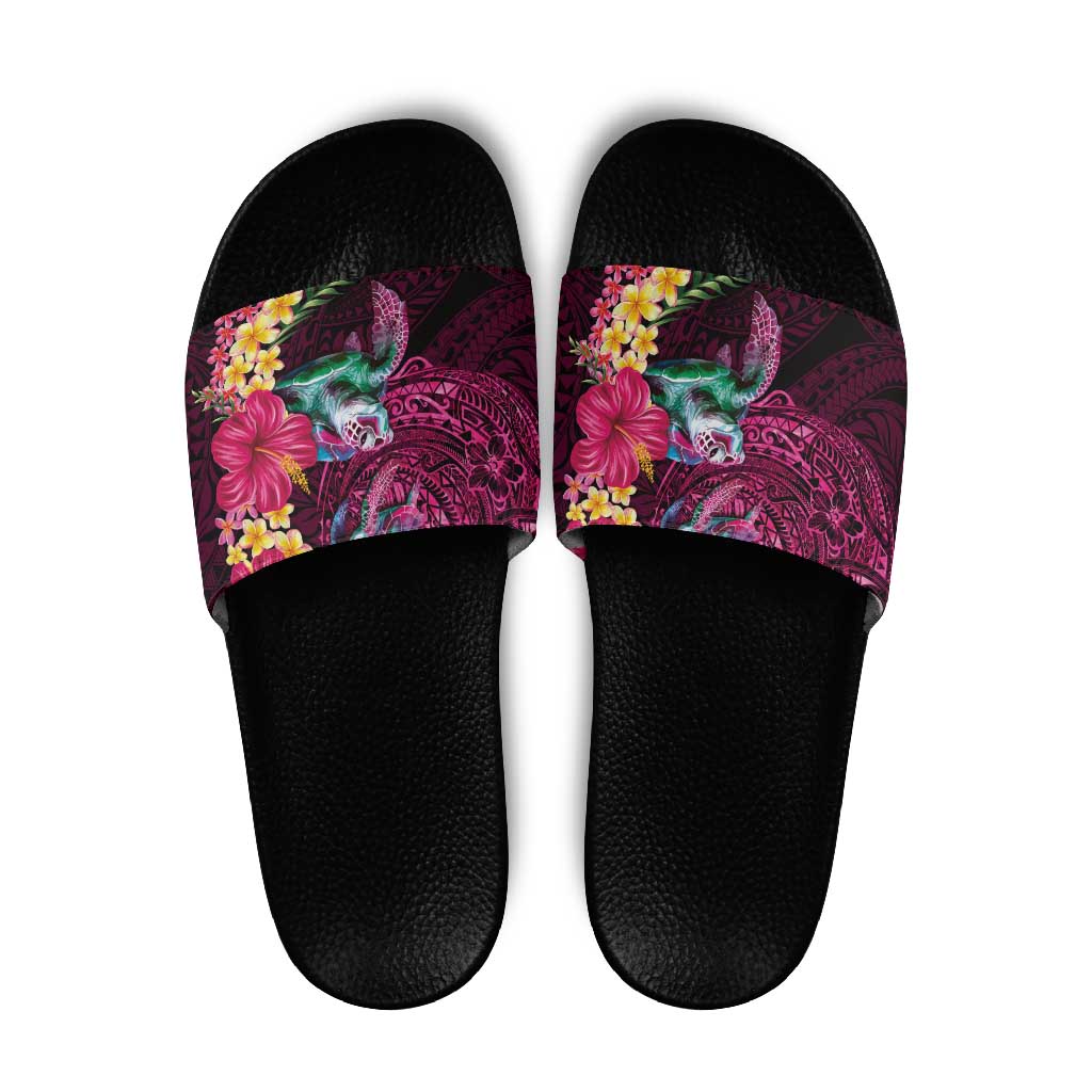 Hawaiian Plumeria and Hibiscus with Turtles Slide Sandals Polynesian Art Red Color - Polynesian Pride