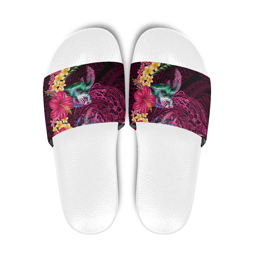 Hawaiian Plumeria and Hibiscus with Turtles Slide Sandals Polynesian Art Red Color - Polynesian Pride
