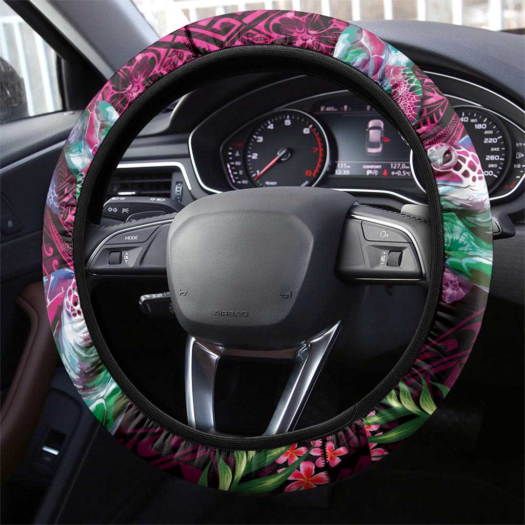 Hawaiian Plumeria and Hibiscus with Turtles Steering Wheel Cover Polynesian Art Red Color - Polynesian Pride