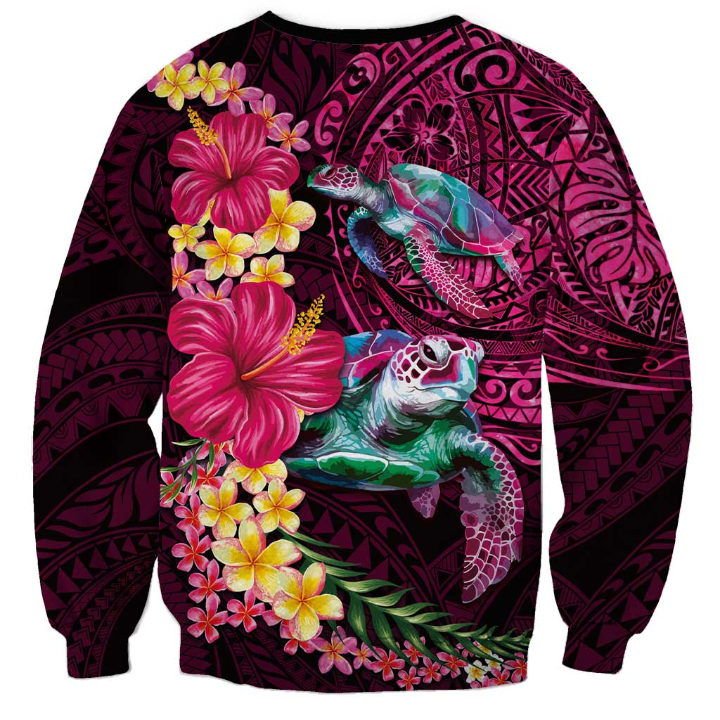 Hawaiian Plumeria and Hibiscus with Turtles Sweatshirt Polynesian Art Red Color - Polynesian Pride
