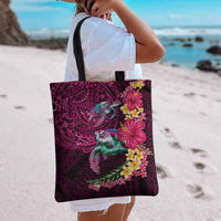 Hawaiian Plumeria and Hibiscus with Turtles Tote Bag Polynesian Art Red Color - Polynesian Pride