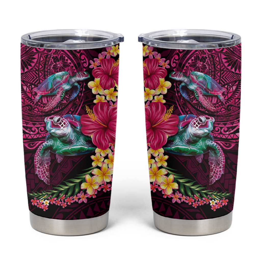 Hawaiian Plumeria and Hibiscus with Turtles Tumbler Cup Polynesian Art Red Color - Polynesian Pride