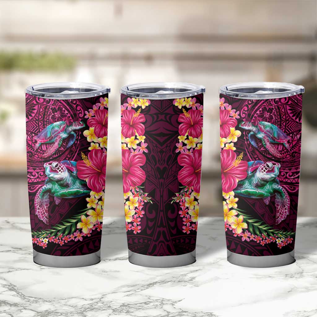 Hawaiian Plumeria and Hibiscus with Turtles Tumbler Cup Polynesian Art Red Color - Polynesian Pride