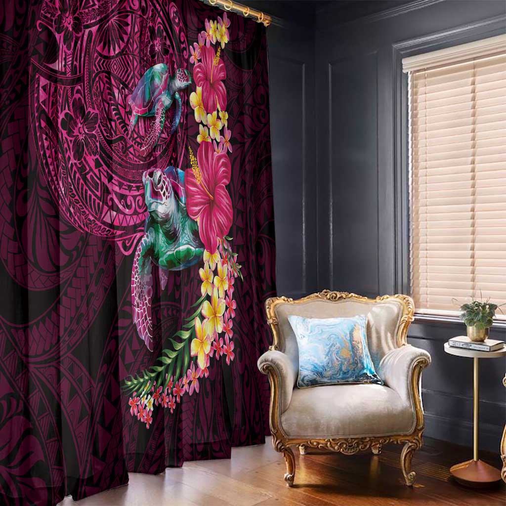 Hawaiian Plumeria and Hibiscus with Turtles Window Curtain Polynesian Art Red Color - Polynesian Pride