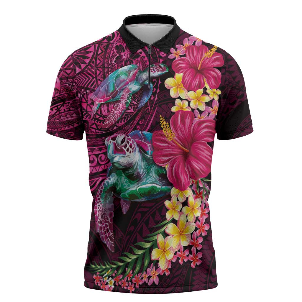 Hawaiian Plumeria and Hibiscus with Turtles Zipper Polo Shirt Polynesian Art Red Color - Polynesian Pride