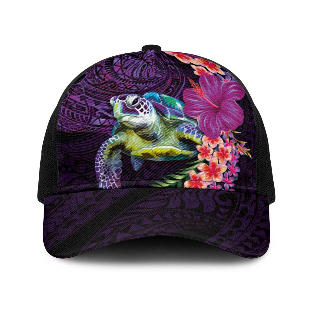 Hawaiian Plumeria and Hibiscus with Turtles Baseball Net Cap Polynesian Art Purple Color - Polynesian Pride