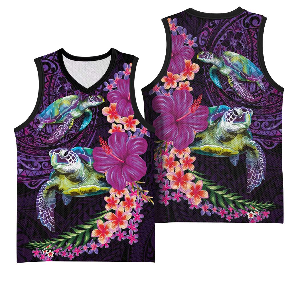 Hawaiian Plumeria and Hibiscus with Turtles Basketball Jersey Polynesian Art Purple Color - Polynesian Pride