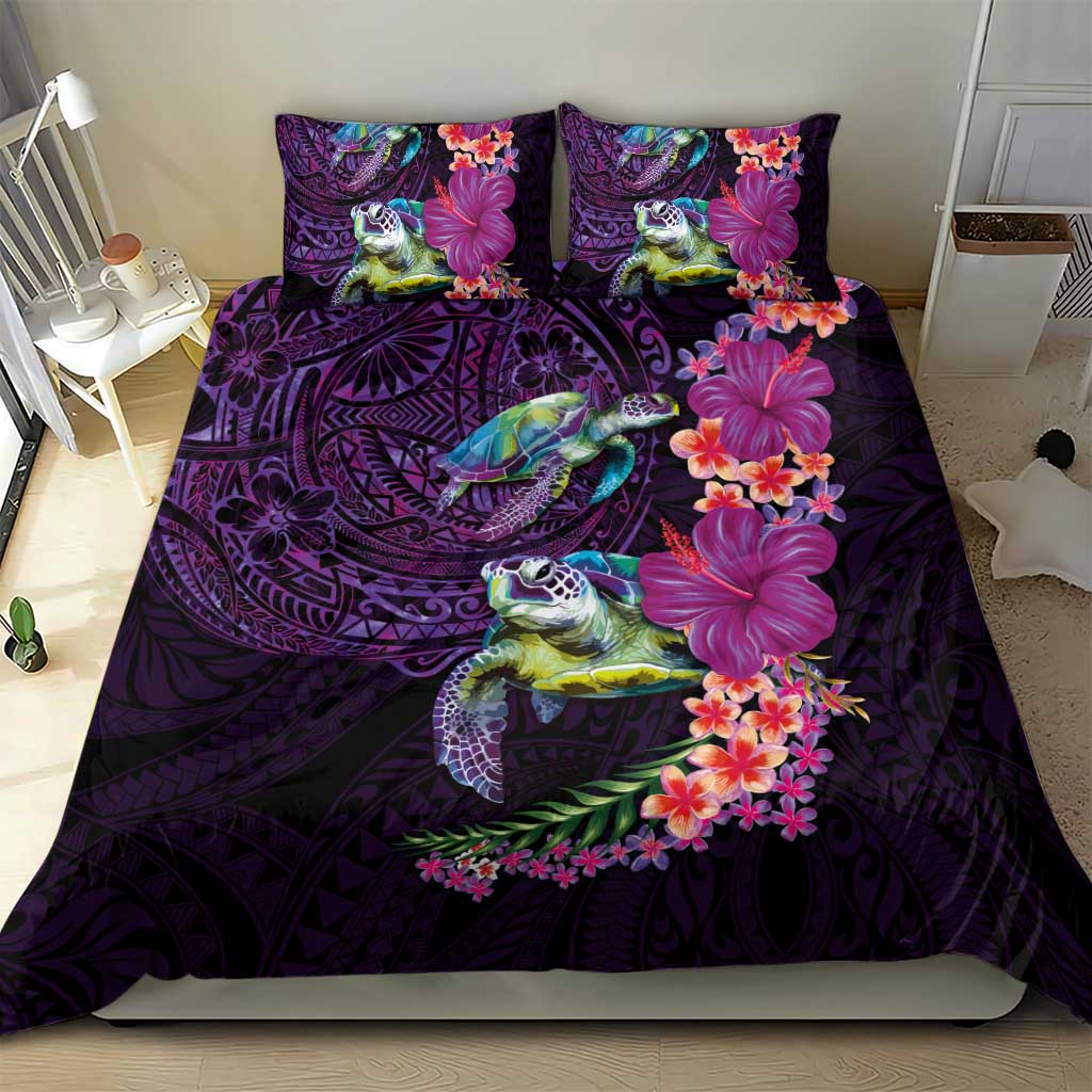 Hawaiian Plumeria and Hibiscus with Turtles Bedding Set Polynesian Art Purple Color - Polynesian Pride