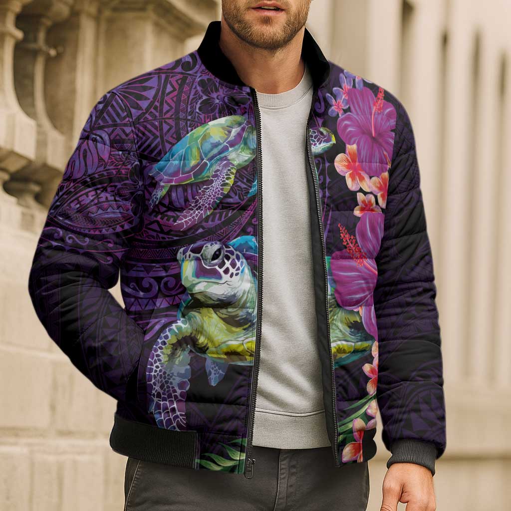 Hawaiian Plumeria and Hibiscus with Turtles Bomber Puffer Jacket Polynesian Art Purple Color - Polynesian Pride