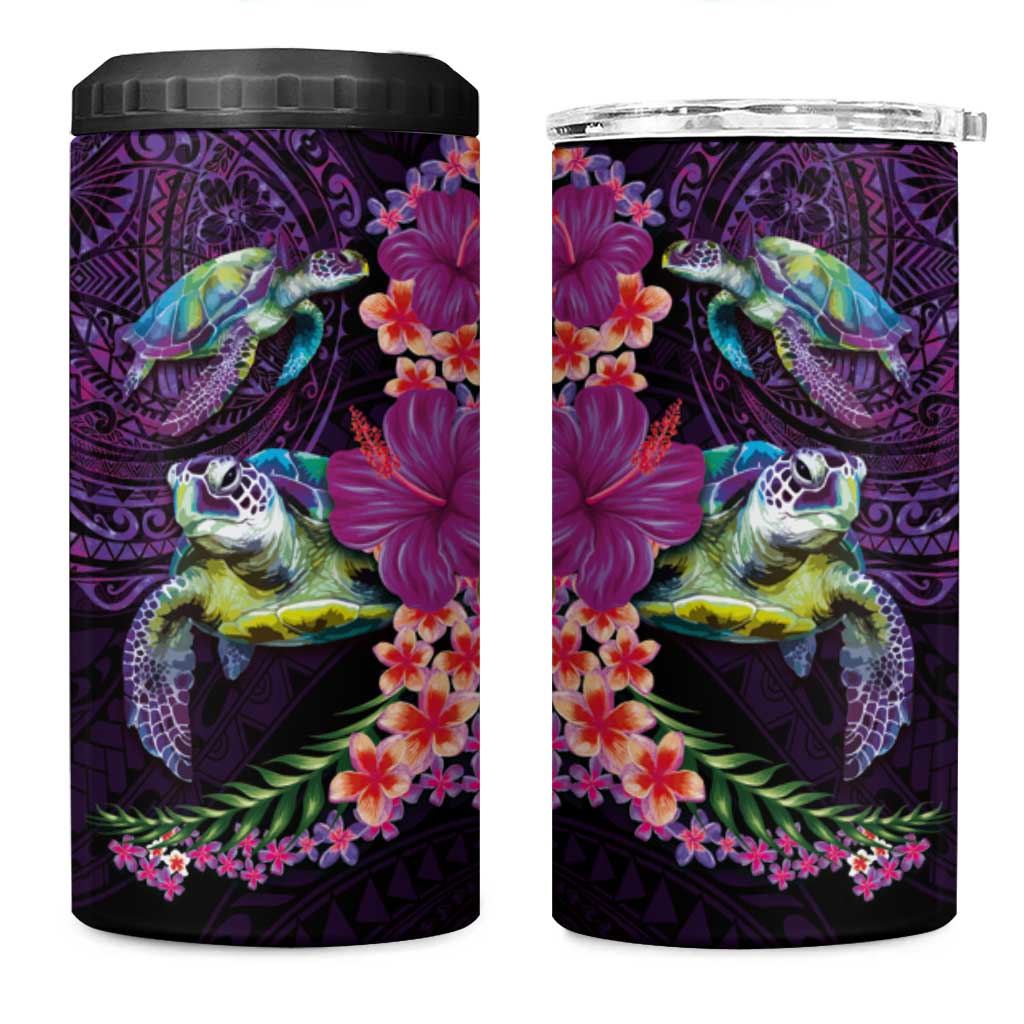 Hawaiian Plumeria and Hibiscus with Turtles 4 in 1 Can Cooler Tumbler Polynesian Art Purple Color - Polynesian Pride