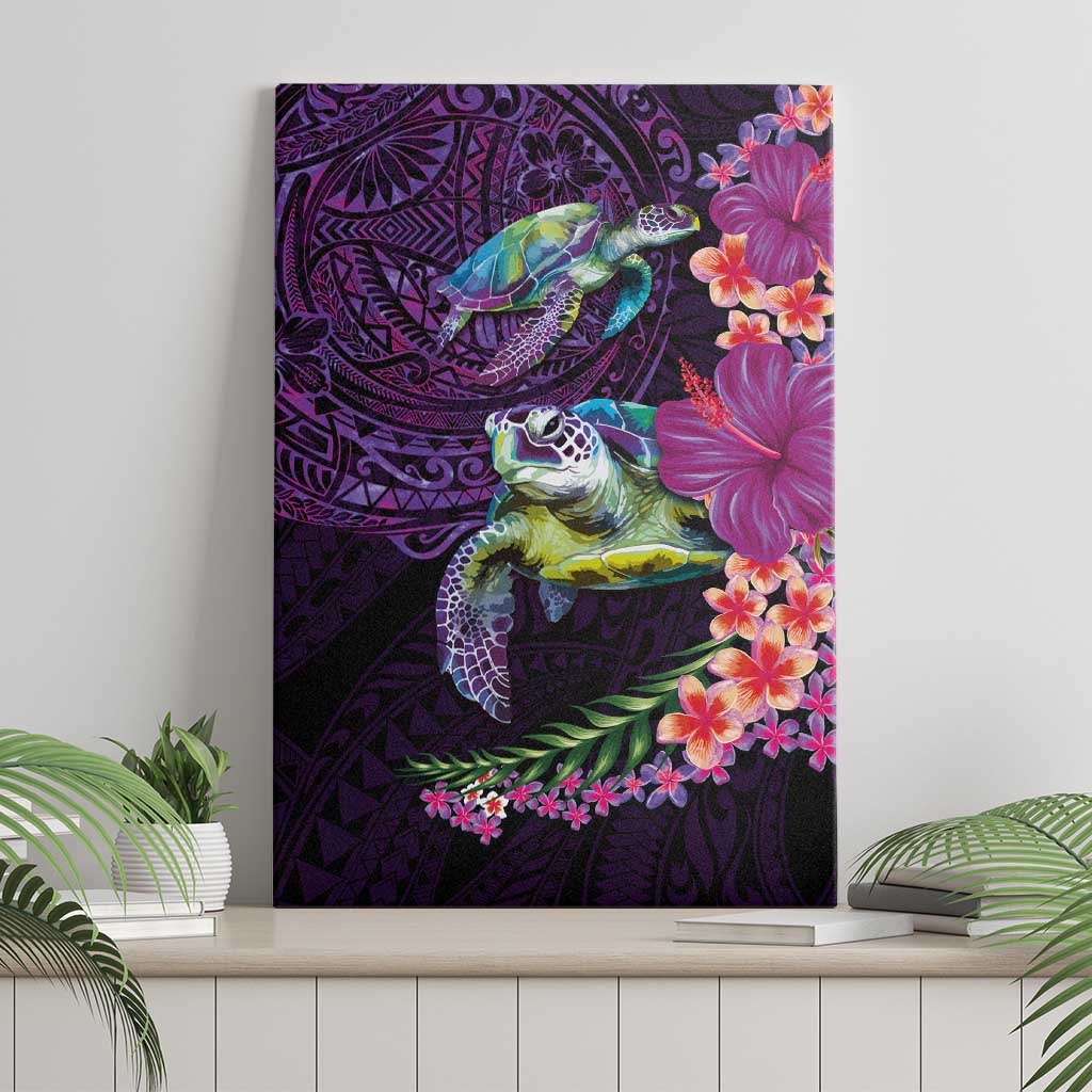 Hawaiian Plumeria and Hibiscus with Turtles Canvas Wall Art Polynesian Art Purple Color - Polynesian Pride