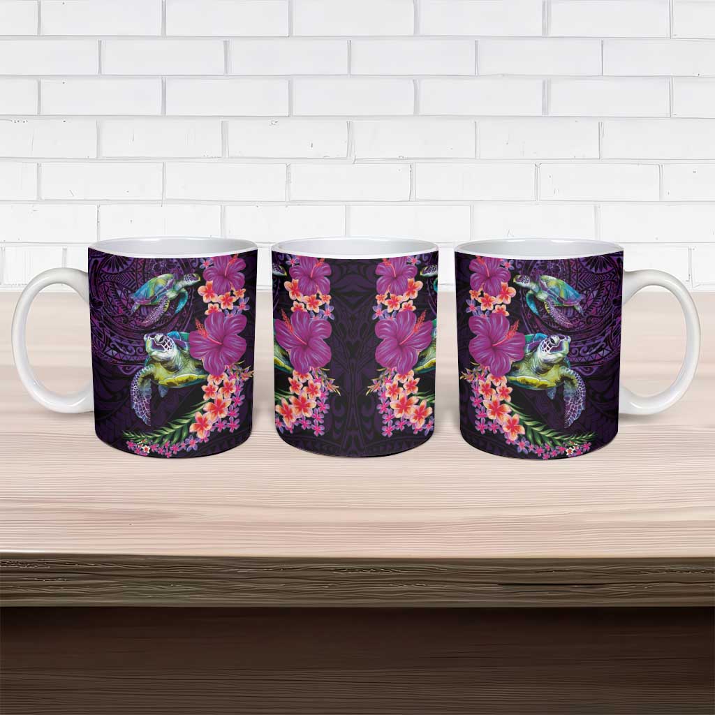 Hawaiian Plumeria and Hibiscus with Turtles Ceramic Mug Polynesian Art Purple Color - Polynesian Pride
