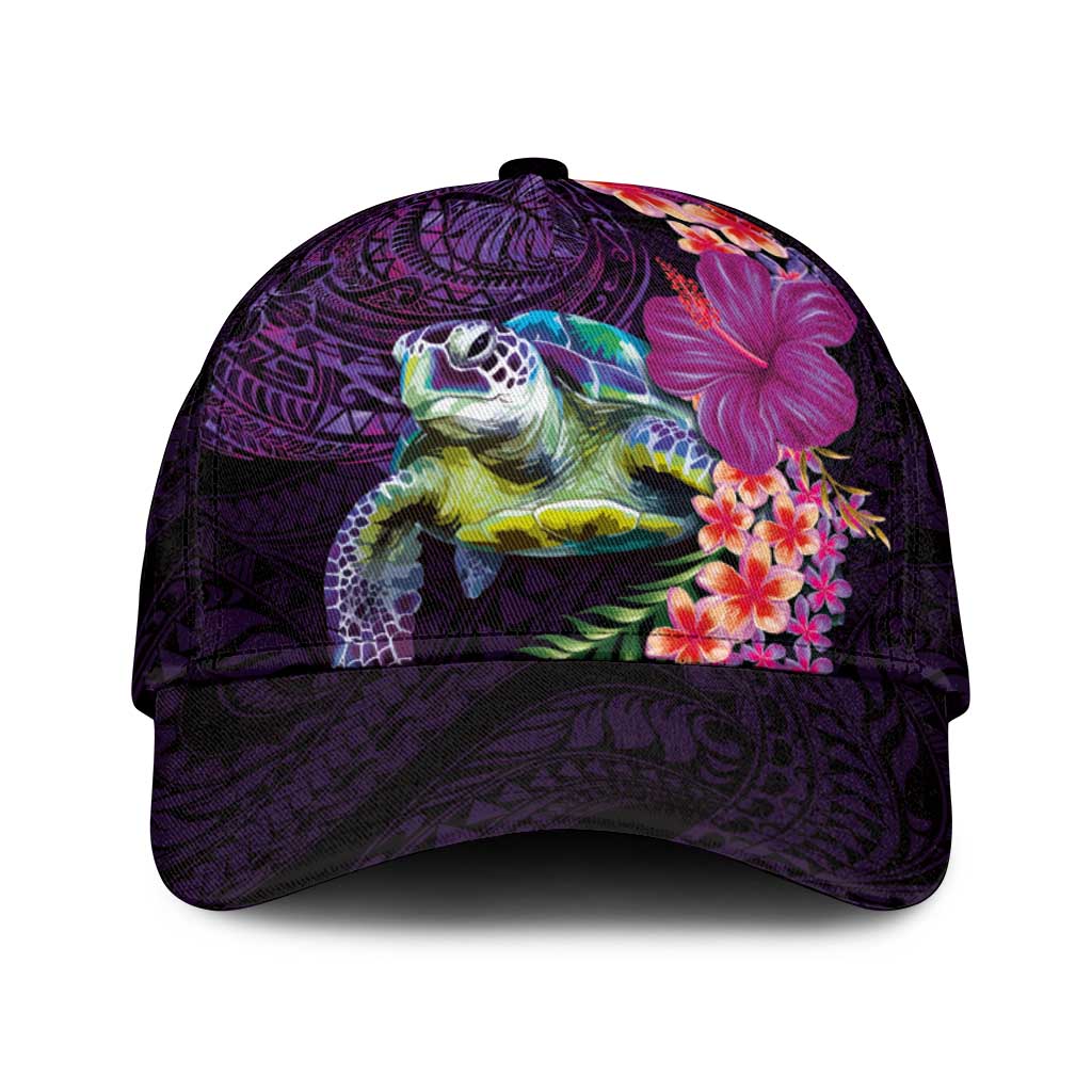 Hawaiian Plumeria and Hibiscus with Turtles Classic Cap Polynesian Art Purple Color - Polynesian Pride