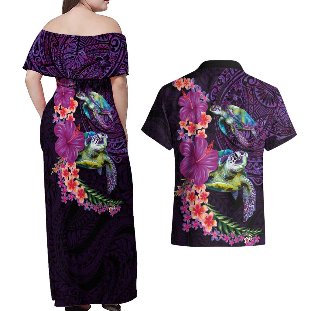 Hawaiian Plumeria and Hibiscus with Turtles Couples Matching Off Shoulder Maxi Dress and Hawaiian Shirt Polynesian Art Purple Color - Polynesian Pride