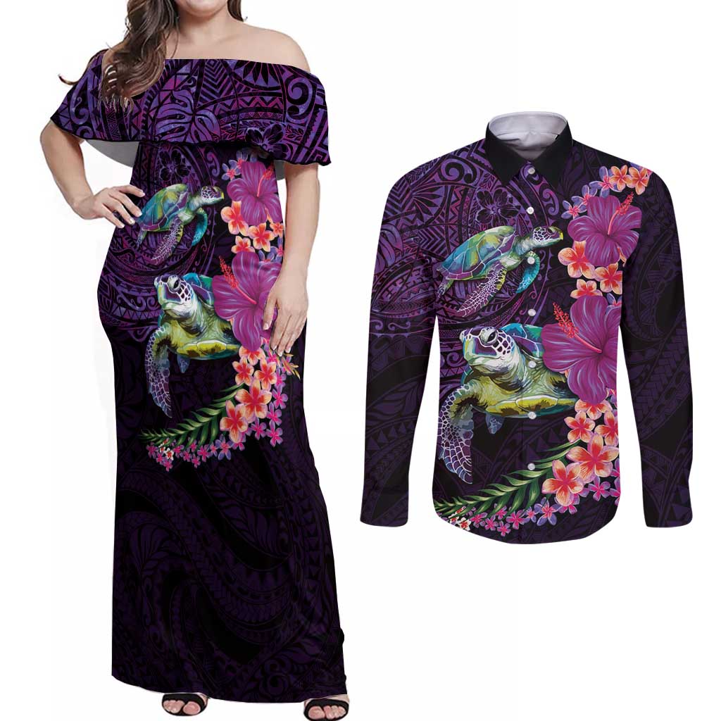 Hawaiian Plumeria and Hibiscus with Turtles Couples Matching Off Shoulder Maxi Dress and Long Sleeve Button Shirt Polynesian Art Purple Color - Polynesian Pride